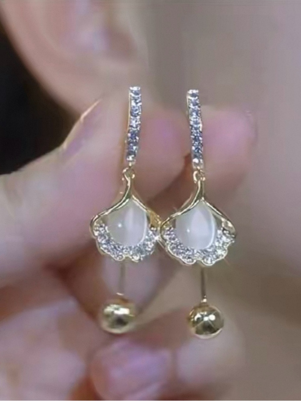 Gold Drop Earrings with White Stone and Crystal Accents - Women Jewelry